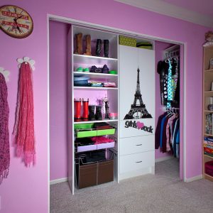 Pink girl's reach-in closet